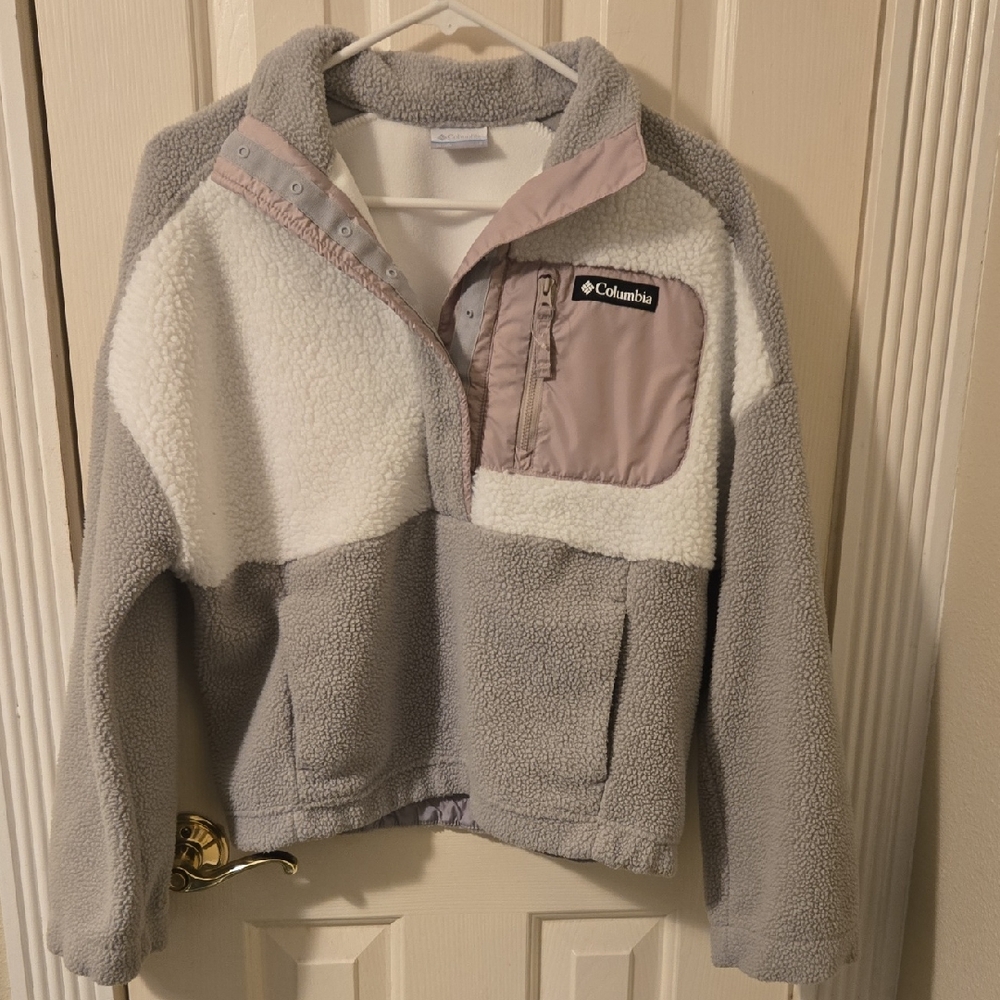 Columbia Two-Tone Fleece Button Up Gray, White & Hint Of Pink Womens Smal
